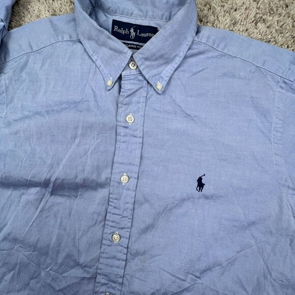 Ralph Lauren Button Up Shirt Cotton Size 16 32/33 Solid Blue Classic Fit L/S - Picture 6 of 9